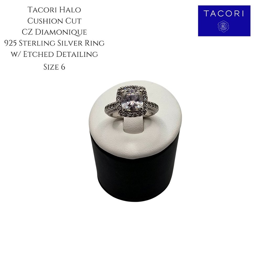 Tacori Halo Cushion Cut CZ Diamonique 925 Sterling Silver Etched Ring Size 6